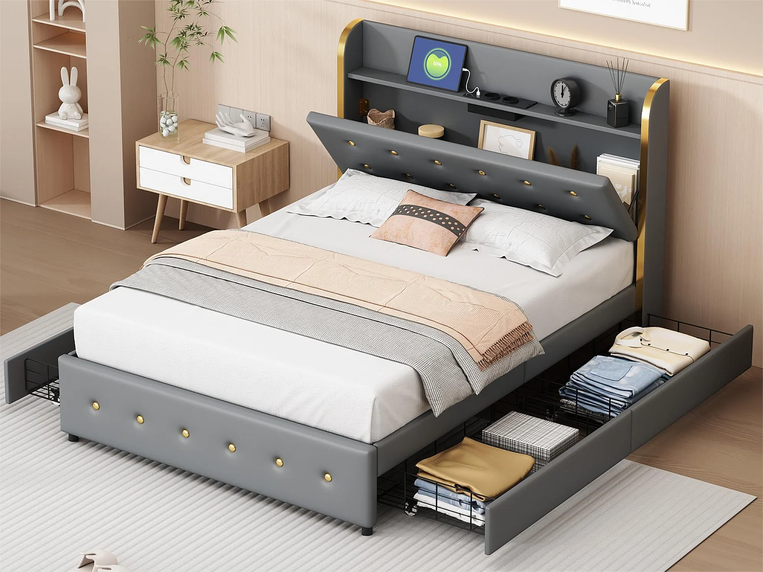 Lit capitonné avec rangement de tête de lit - 140 x 200 cm - similicuir - prise USB - pièds métalliques - gris