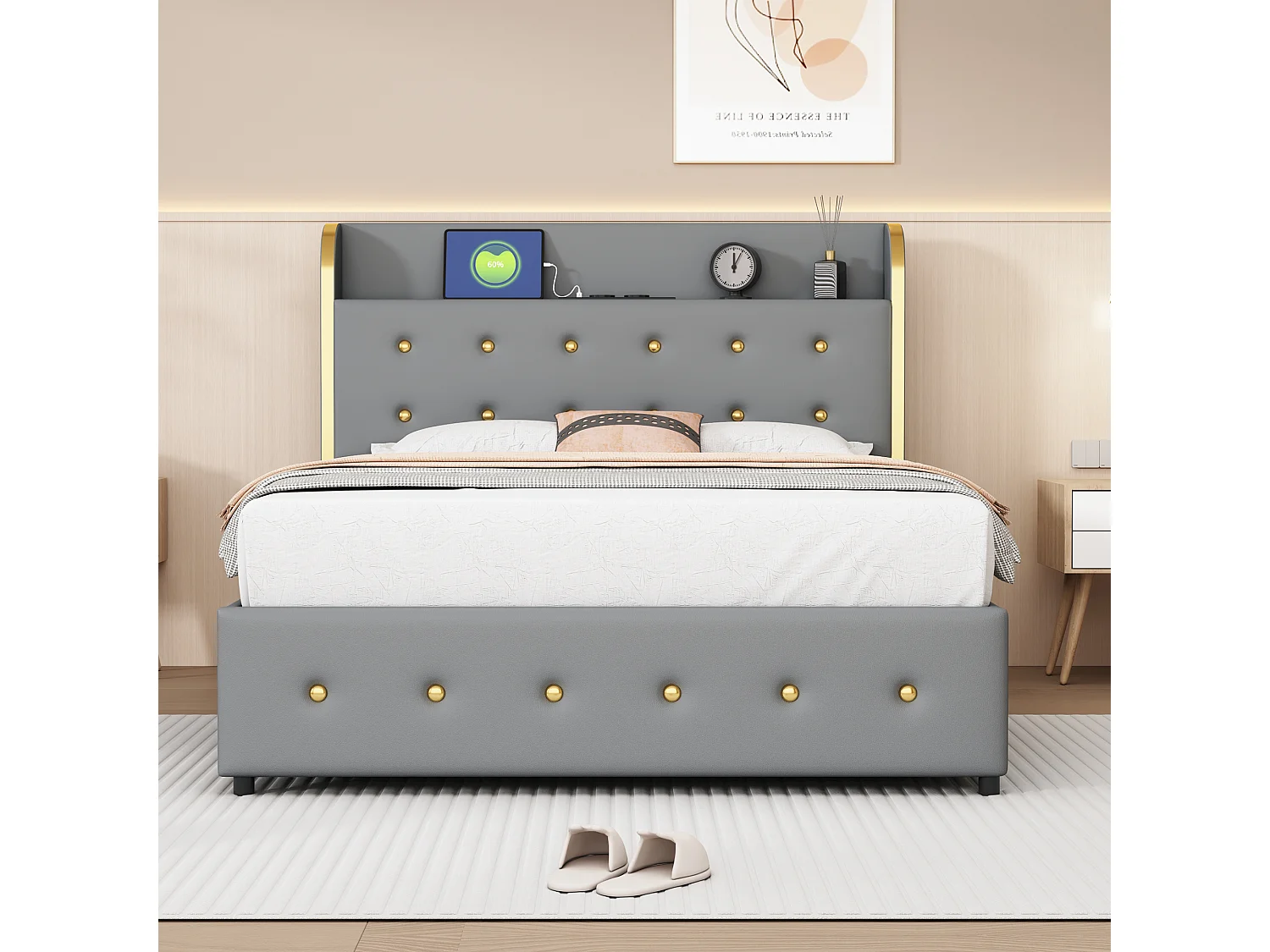 Lit capitonné avec rangement de tête de lit - 140 x 200 cm - similicuir - prise USB - pièds métalliques - gris