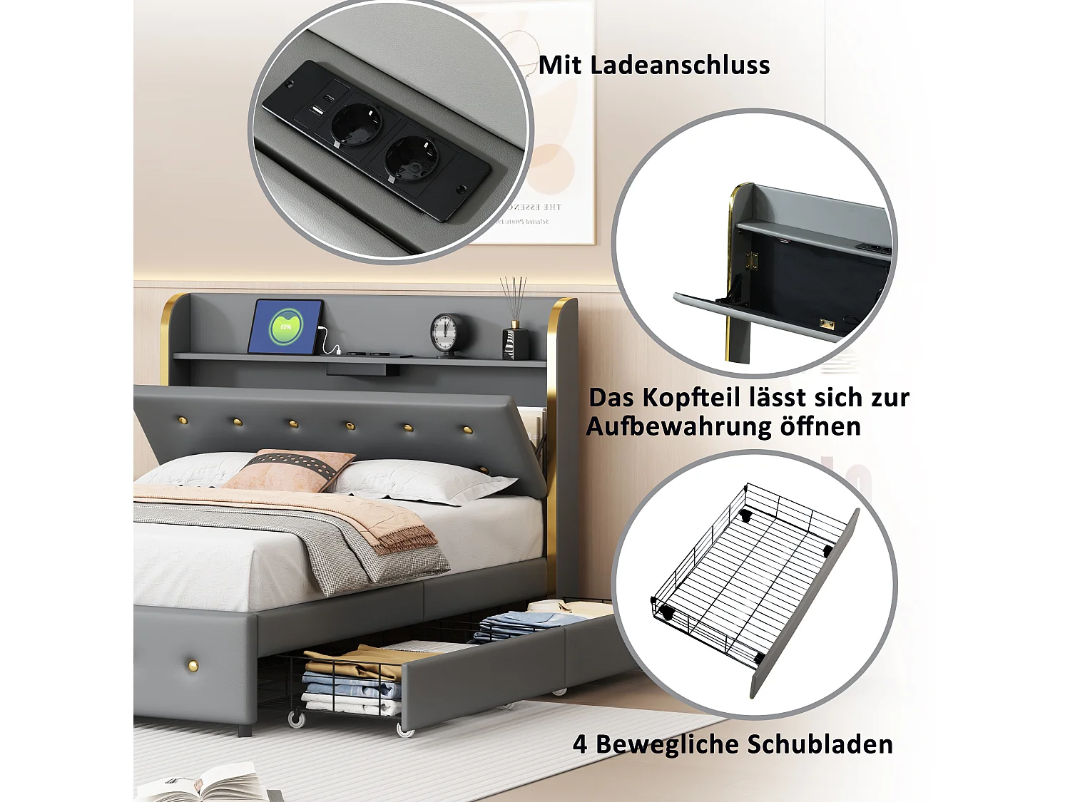 Lit capitonné avec rangement de tête de lit - 140 x 200 cm - similicuir - prise USB - pièds métalliques - gris