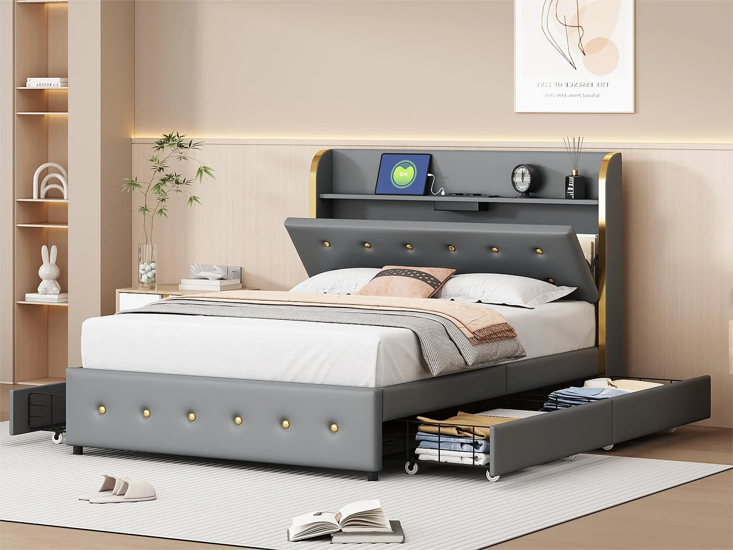 Lit capitonné avec rangement de tête de lit - 140 x 200 cm - similicuir - prise USB - pièds métalliques - gris