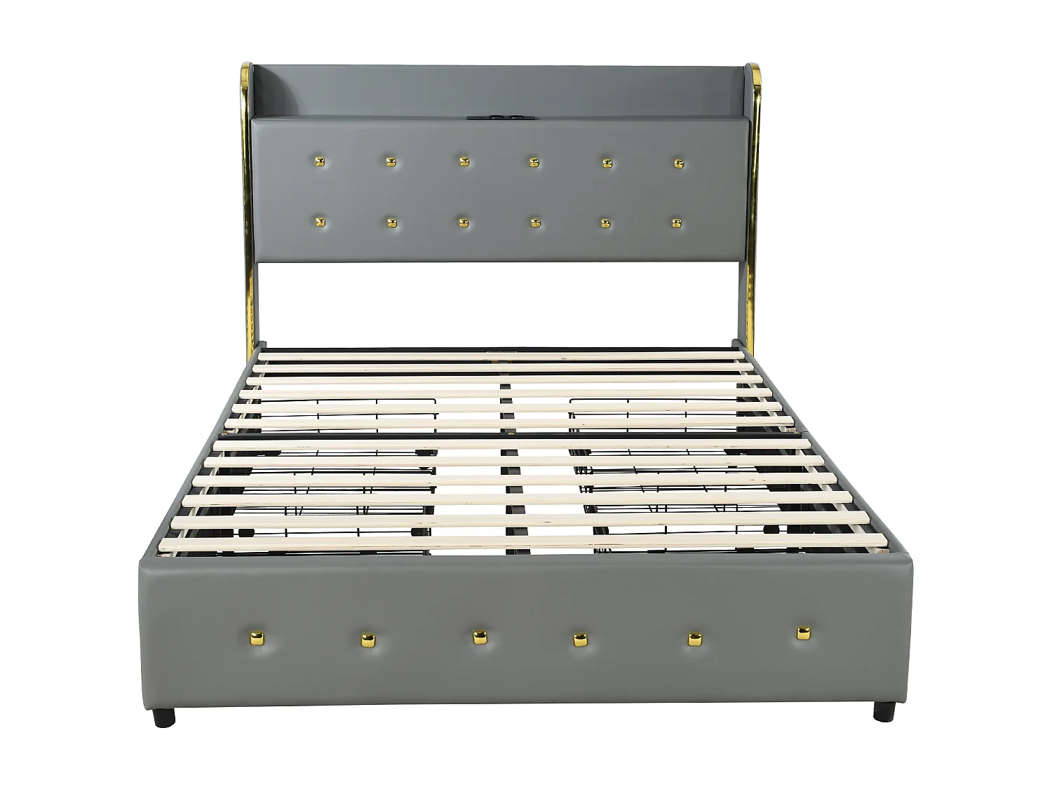 Lit capitonné avec rangement de tête de lit - 140 x 200 cm - similicuir - prise USB - pièds métalliques - gris