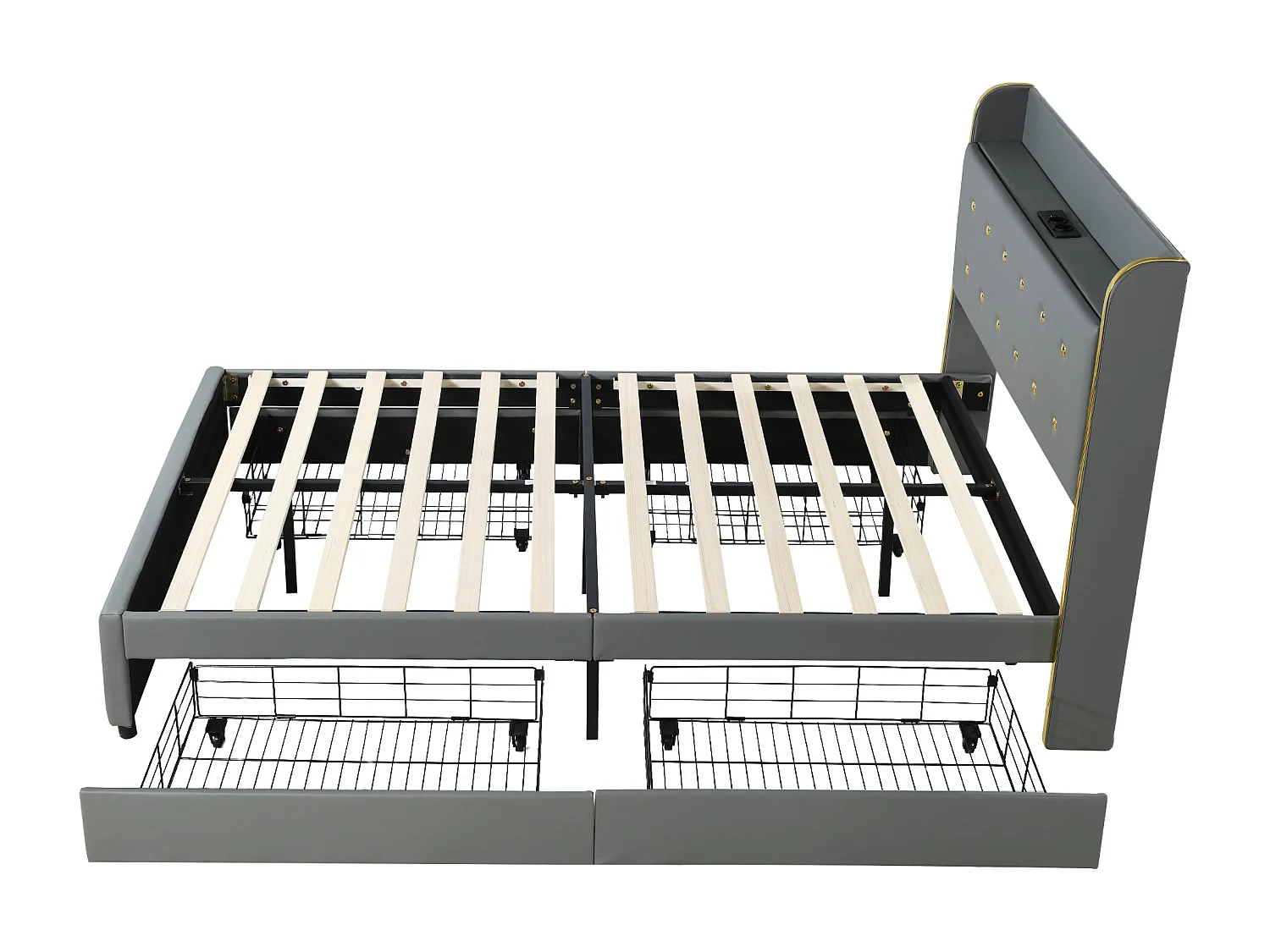 Lit capitonné avec rangement de tête de lit - 140 x 200 cm - similicuir - prise USB - pièds métalliques - gris