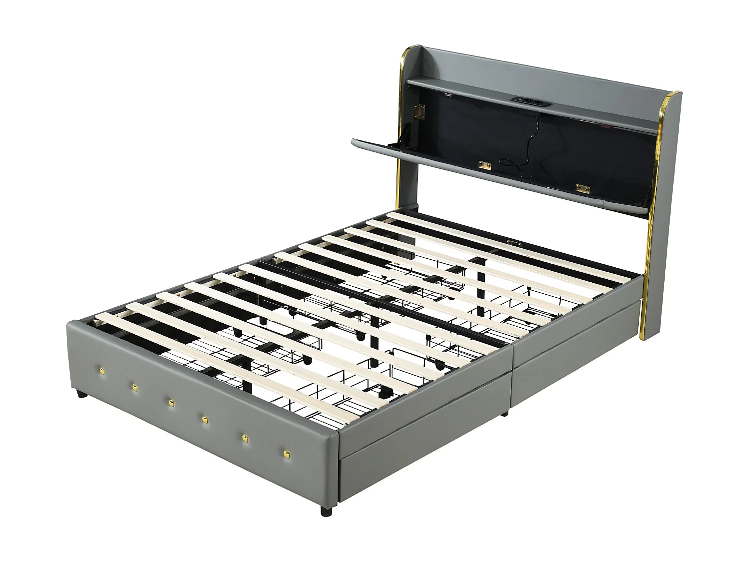 Lit capitonné avec rangement de tête de lit - 140 x 200 cm - similicuir - prise USB - pièds métalliques - gris