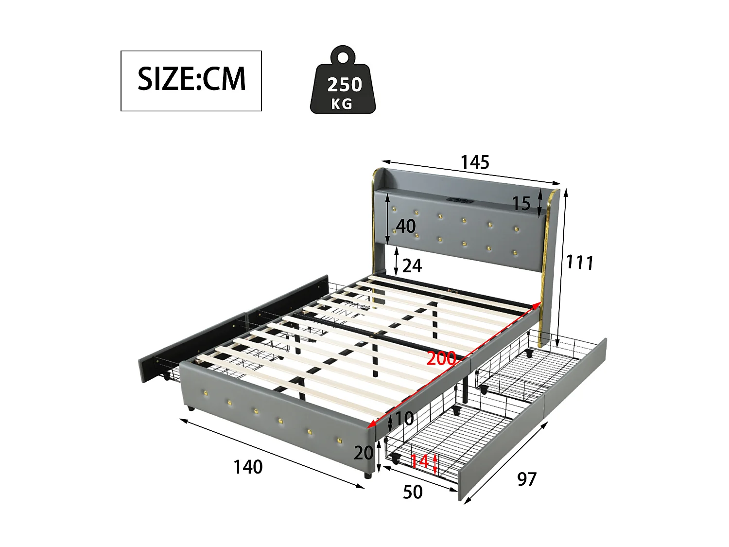 Lit capitonné avec rangement de tête de lit - 140 x 200 cm - similicuir - prise USB - pièds métalliques - gris