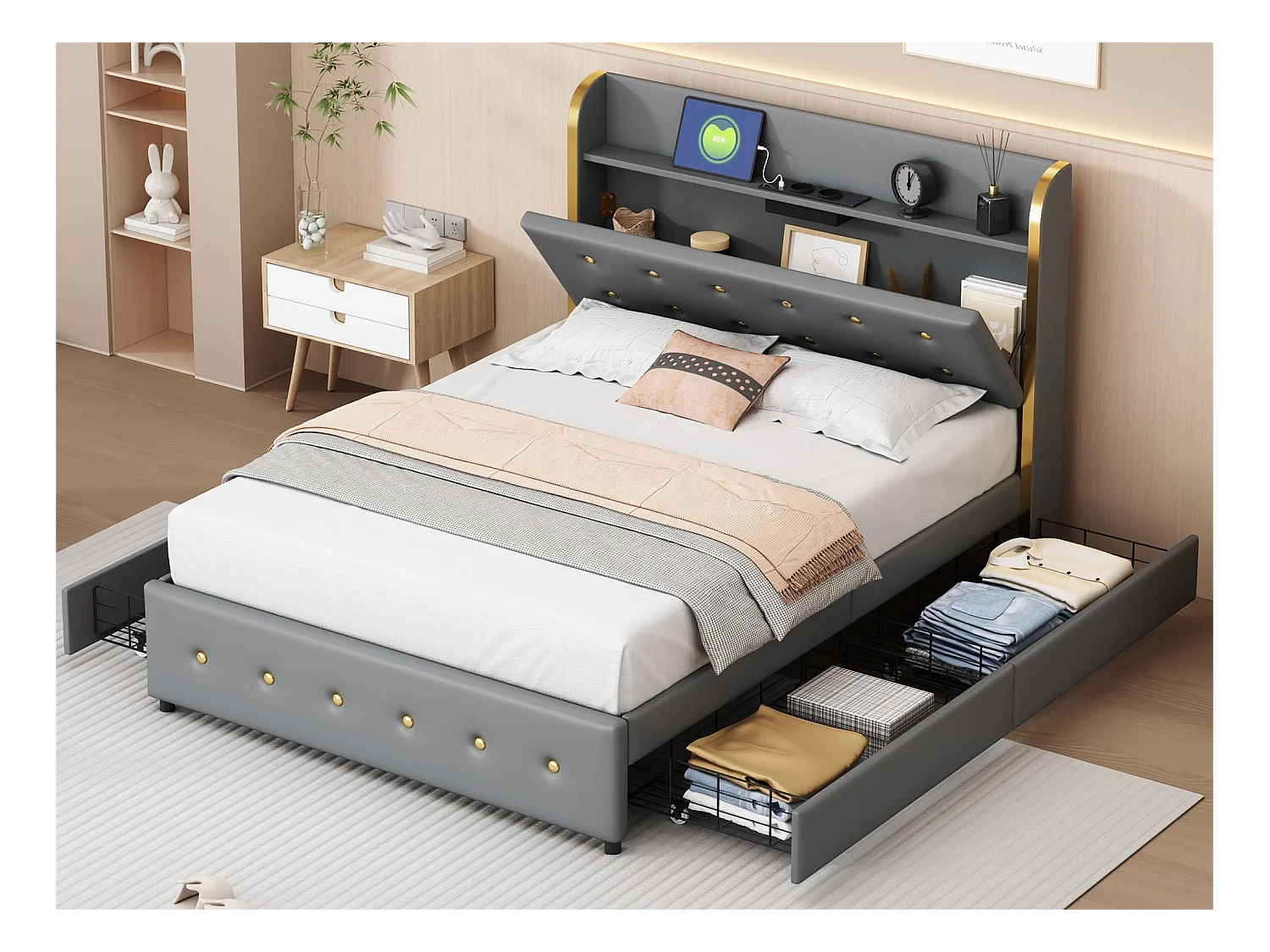 Lit capitonné avec rangement de tête de lit - 140 x 200 cm - similicuir - prise USB - pièds métalliques - gris