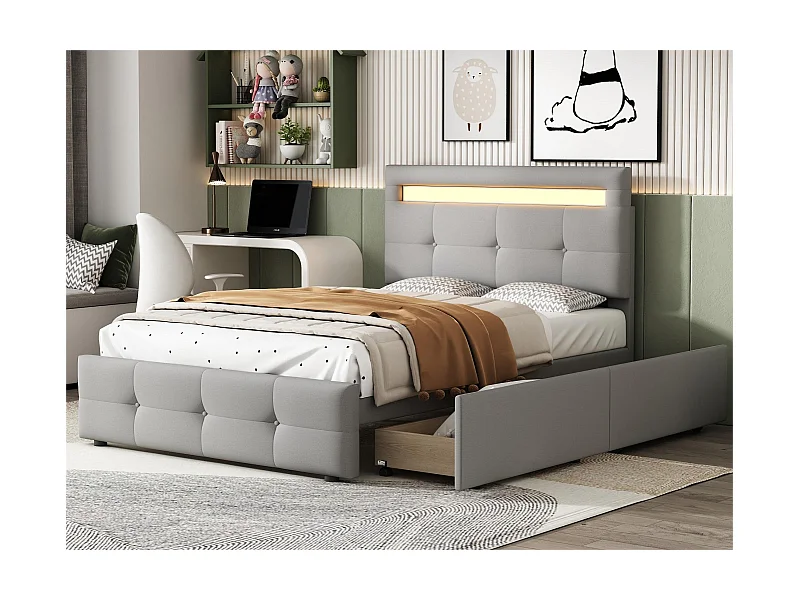 Eenpersoonsbed 90 x 200 cm met 2 laden - linnenstof - LED's - voor kinderen - grijs