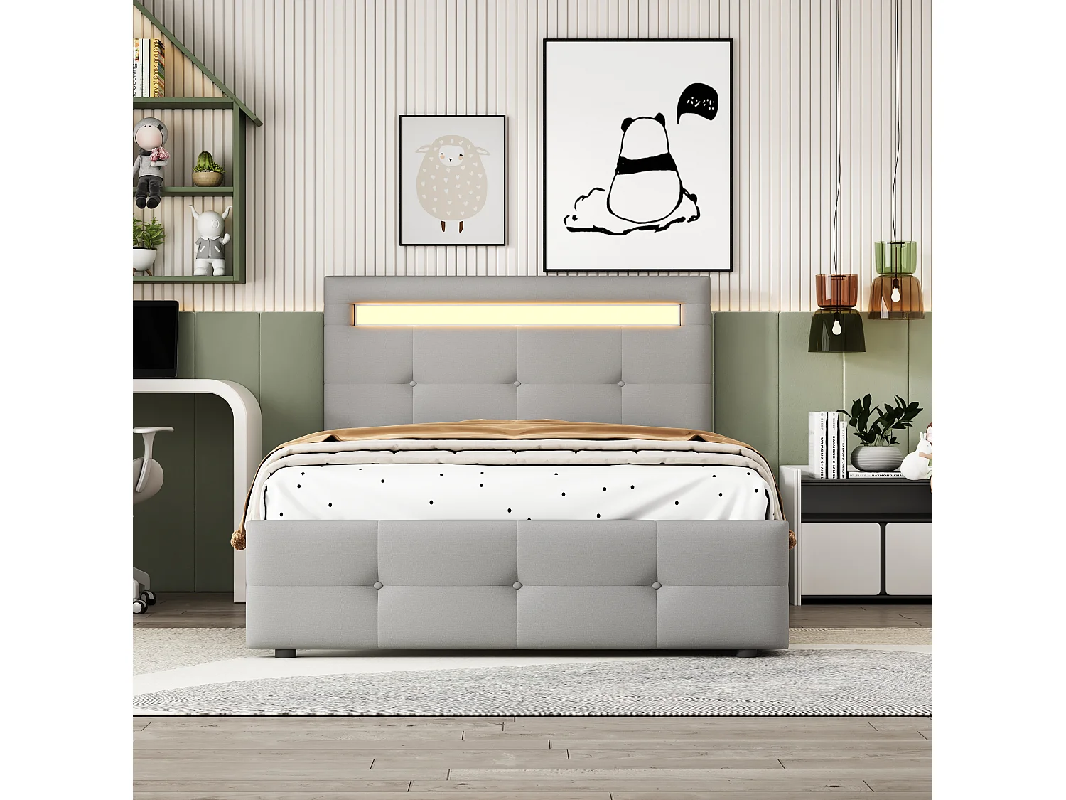 Cama de solteiro 90 x 200 cm com 2 gavetas - tecido de linho - LEDs - para crianças - cinza