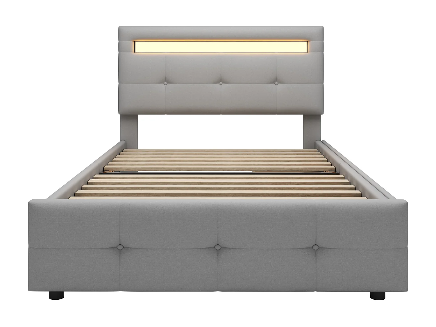 Cama de solteiro 90 x 200 cm com 2 gavetas - tecido de linho - LEDs - para crianças - cinza