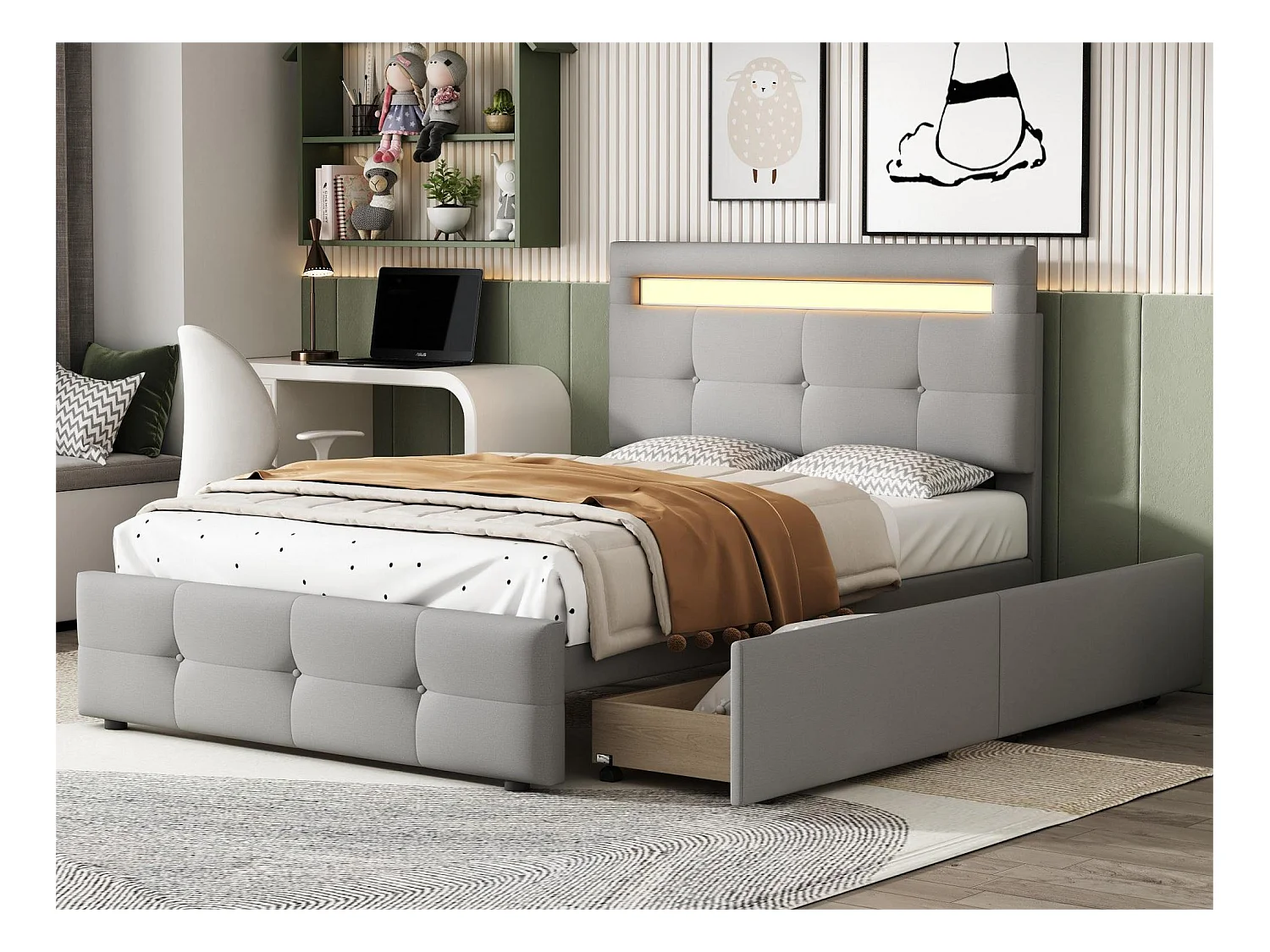 Lit simple 90 x 200 cm avec 2 tiroirs - tissu lin - LEDs - pour enfant - gris