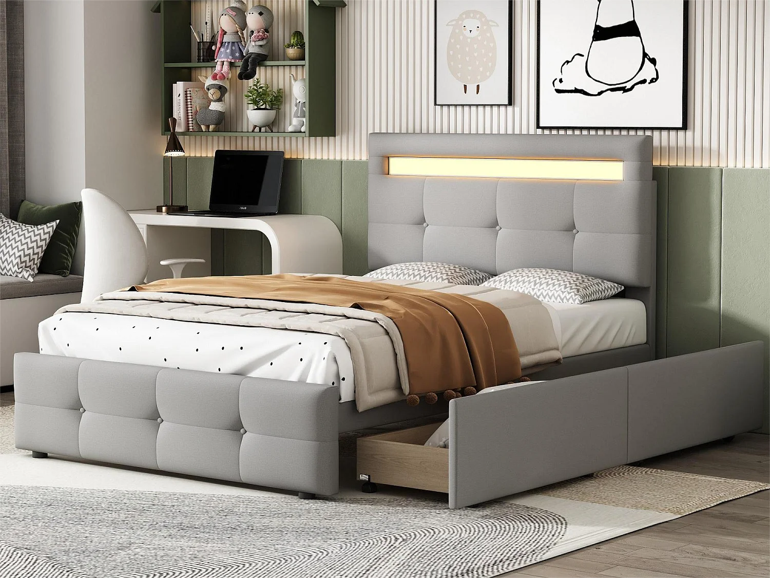 Lit simple 90 x 200 cm avec 2 tiroirs - tissu lin - LEDs - pour enfant - gris