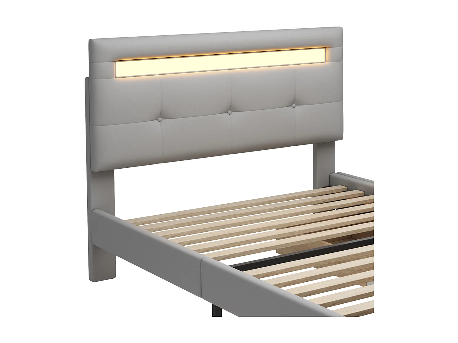 Lit simple 90 x 200 cm avec 2 tiroirs - tissu lin - LEDs - pour enfant - gris