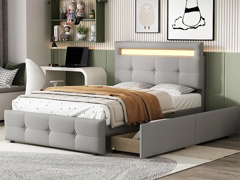 Eenpersoonsbed 90 x 200 cm met 2 laden - linnenstof - LED's - voor kinderen - grijs