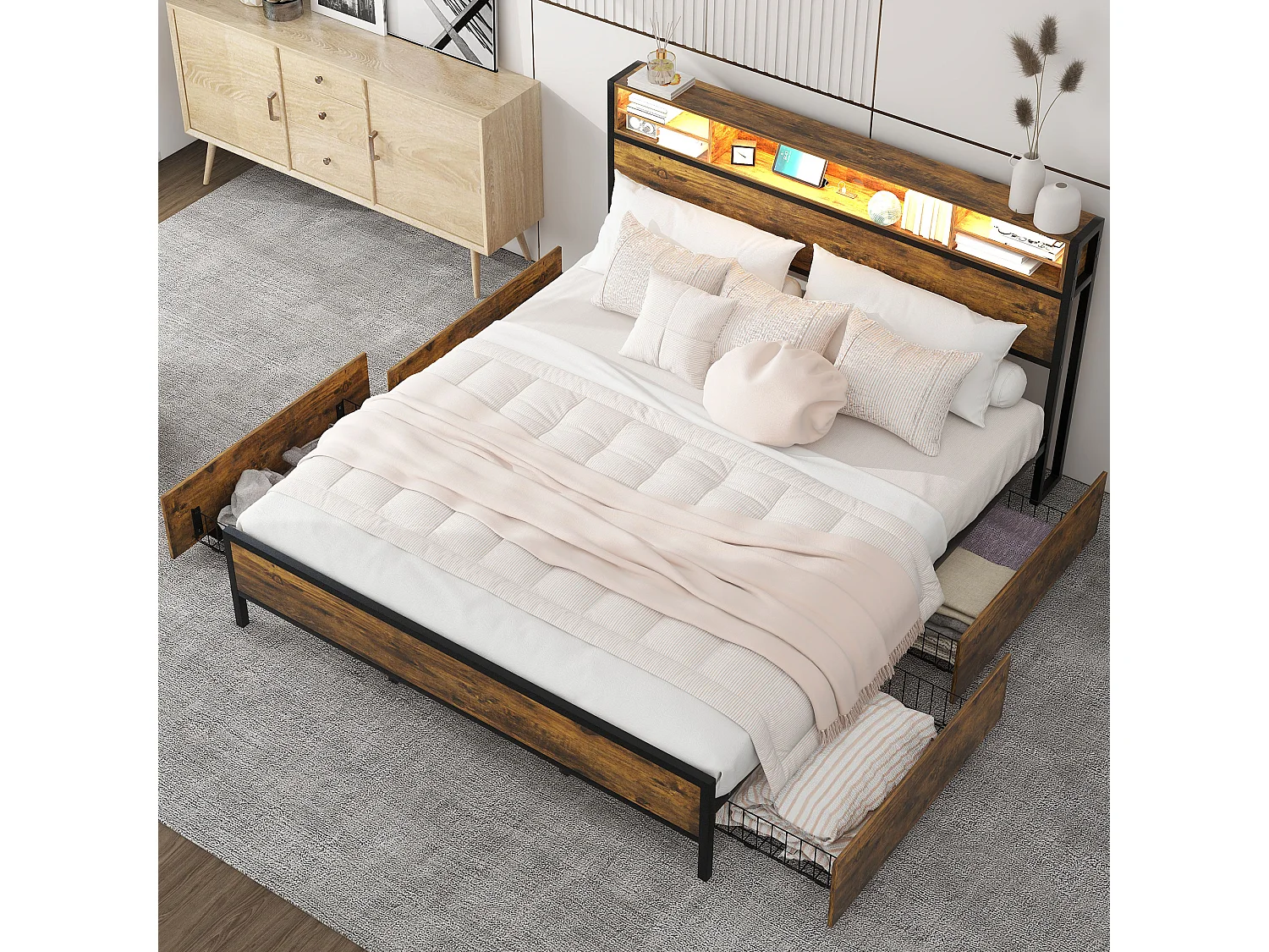 Letto matrimoniale con testiera contenitore e 4 cassetti - 180 x 200 cm - LED e presa USB - Legno MDF e metallo - Stile industriale - Marrone