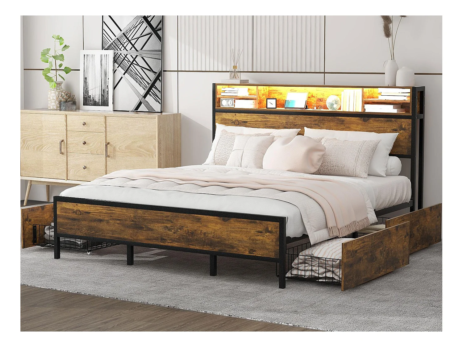 Lit double avec rangement de tête de lit et 4 tiroirs - 180 x 200 cm - LEDs et prise USB - bois MDF et métal - style industriel - marron
