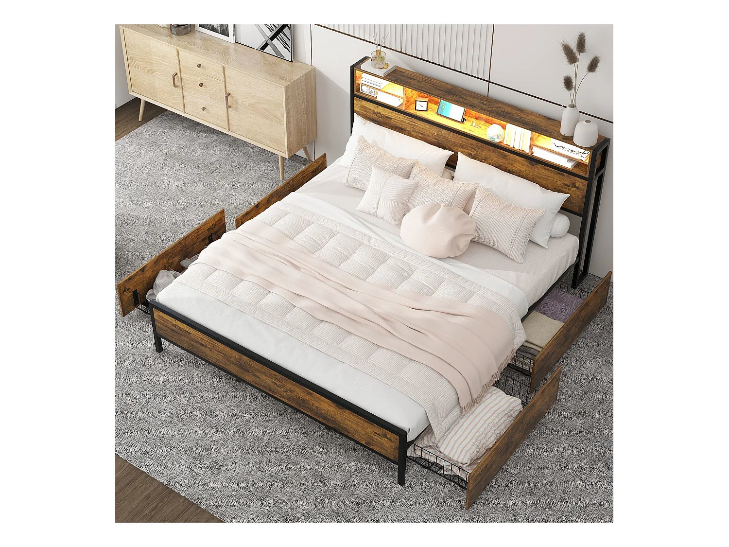 Cama doble con cabecero y 4 cajones - 180 x 200 cm - LED y toma USB - Madera MDF y metal - Estilo industrial - Marrón