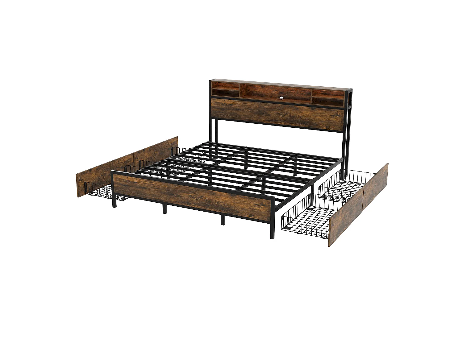 Cama doble con cabecero y 4 cajones - 180 x 200 cm - LED y toma USB - Madera MDF y metal - Estilo industrial - Marrón