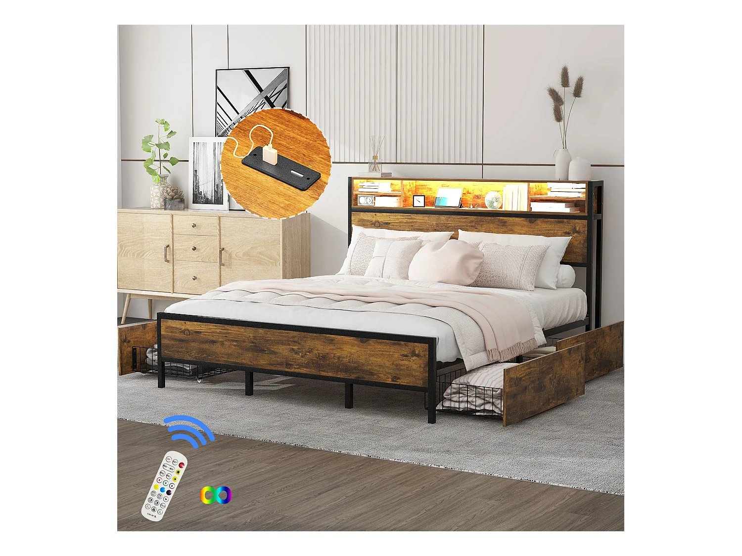 Cama doble con cabecero y 4 cajones - 180 x 200 cm - LED y toma USB - Madera MDF y metal - Estilo industrial - Marrón