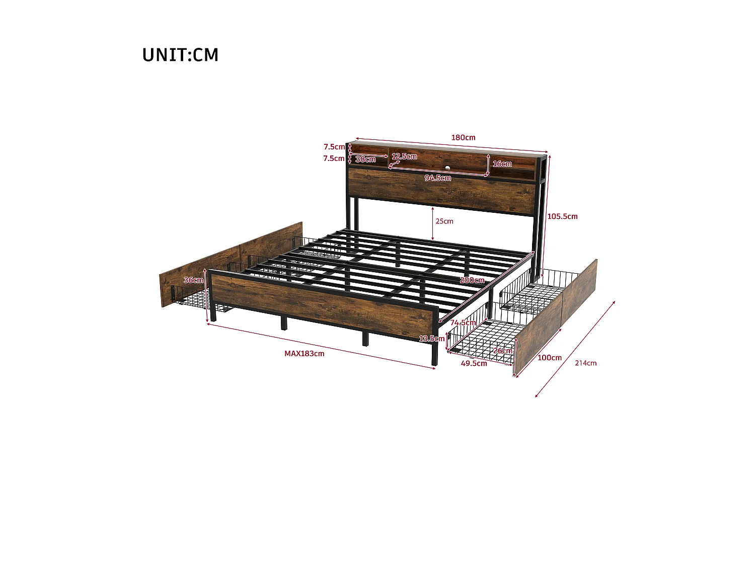 Cama doble con cabecero y 4 cajones - 180 x 200 cm - LED y toma USB - Madera MDF y metal - Estilo industrial - Marrón