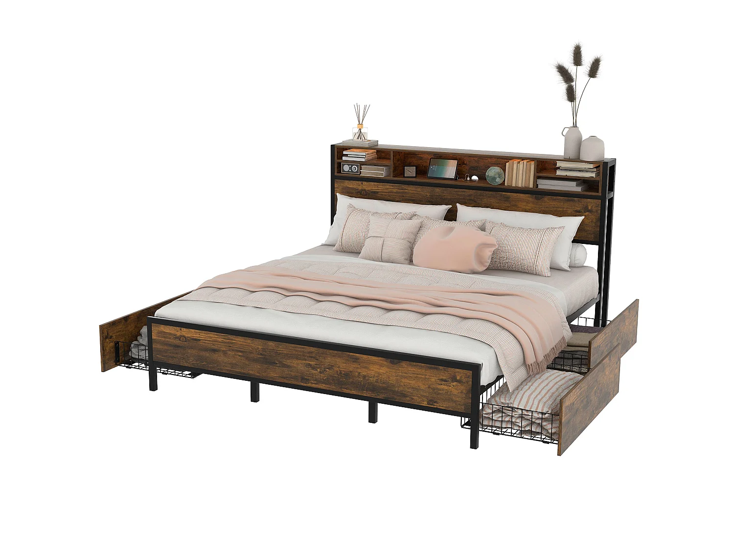 Cama doble con cabecero y 4 cajones - 180 x 200 cm - LED y toma USB - Madera MDF y metal - Estilo industrial - Marrón