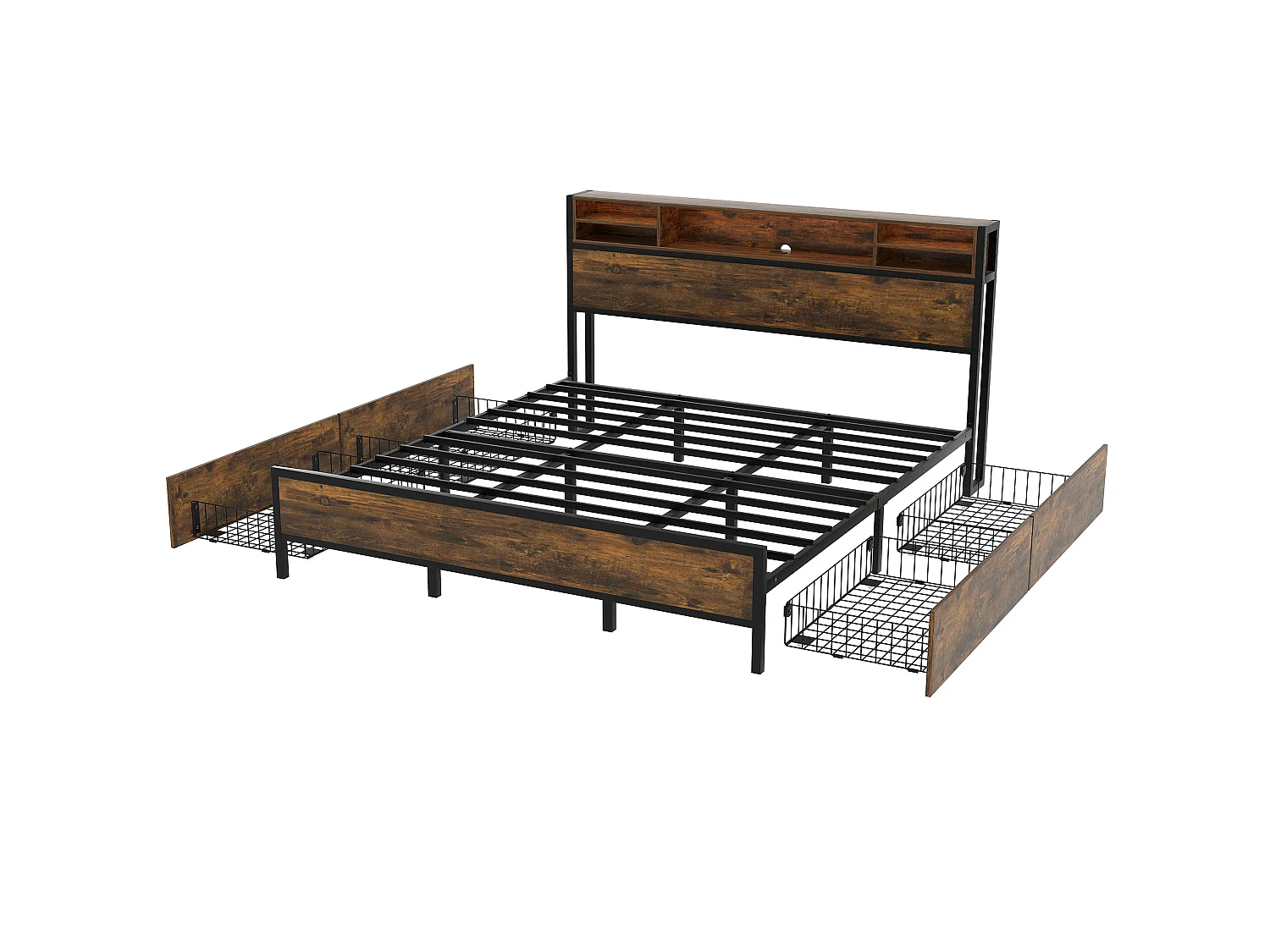 Doppelbett mit Stauraum am Kopfteil und 4 Schubladen – 180 x 200 cm – LEDs und USB-Buchse – MDF-Holz und Metall – Industriestil – Braun