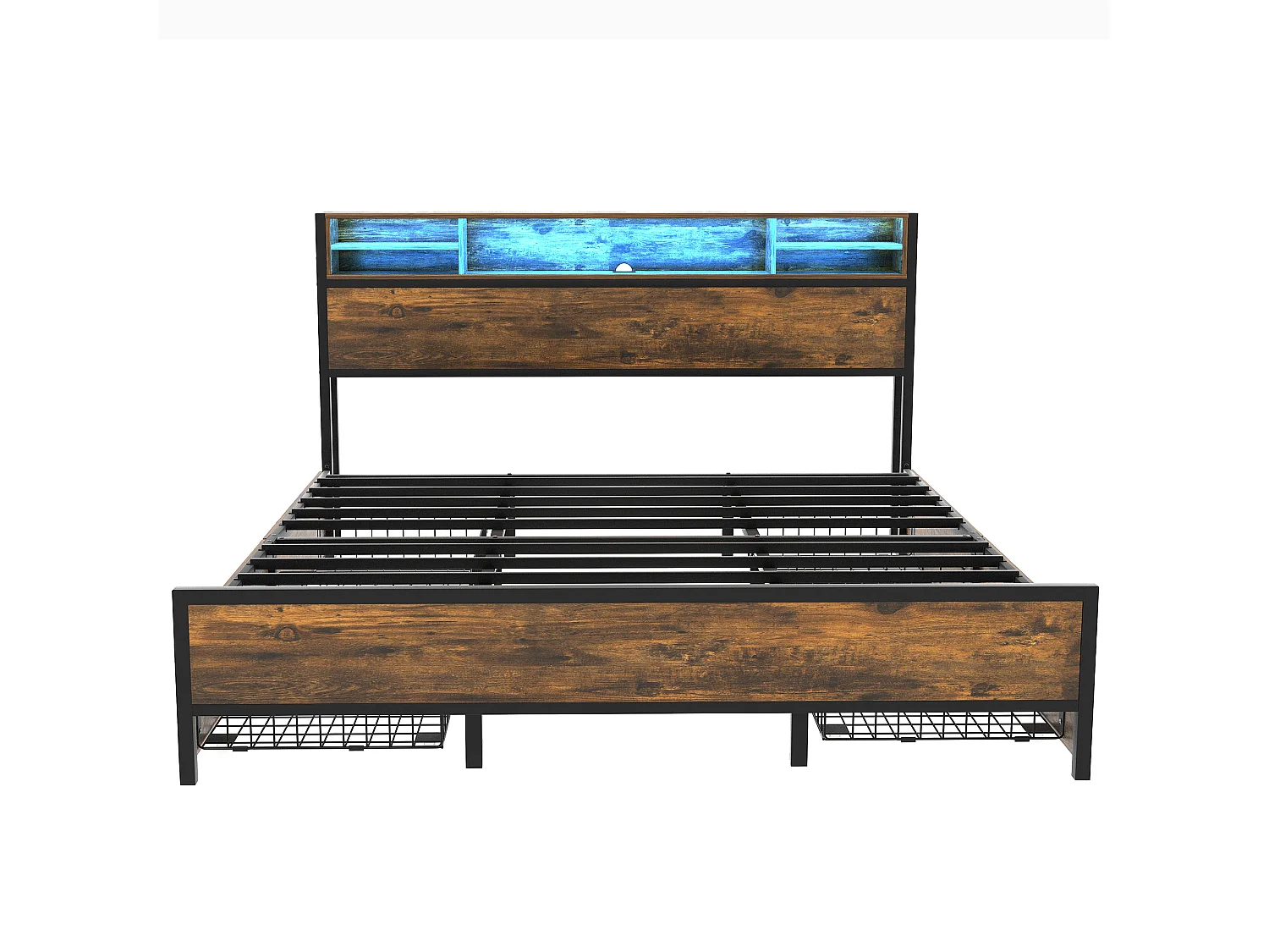 Doppelbett mit Stauraum am Kopfteil und 4 Schubladen – 180 x 200 cm – LEDs und USB-Buchse – MDF-Holz und Metall – Industriestil – Braun