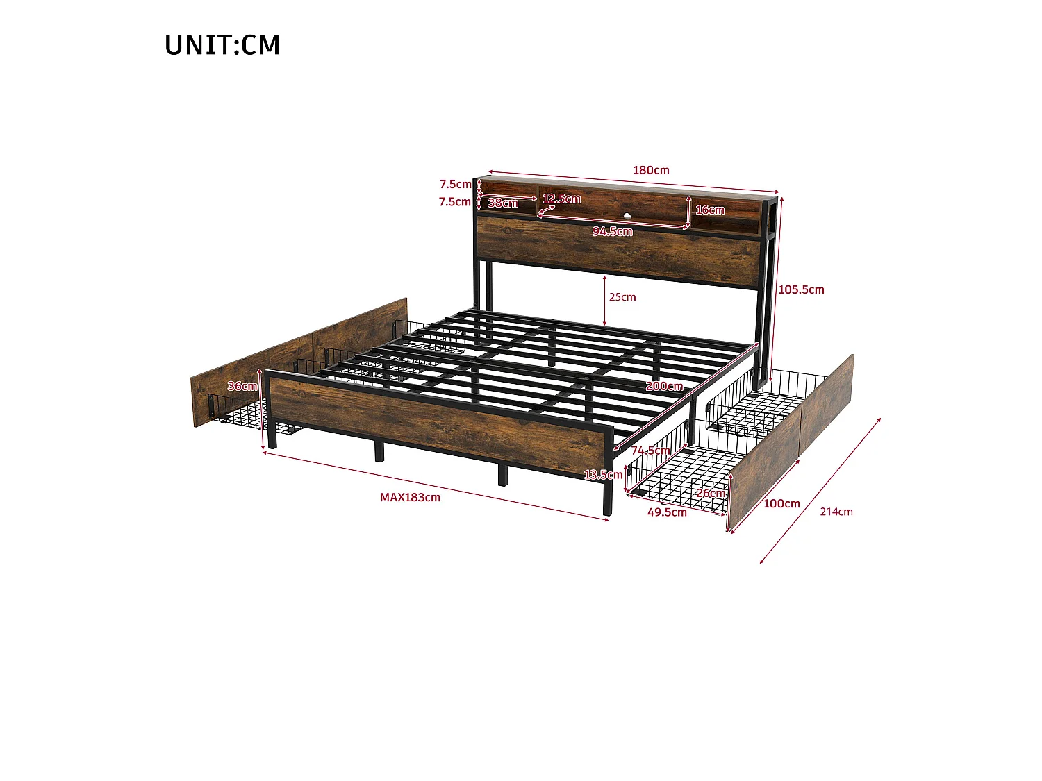 Doppelbett mit Stauraum am Kopfteil und 4 Schubladen – 180 x 200 cm – LEDs und USB-Buchse – MDF-Holz und Metall – Industriestil – Braun