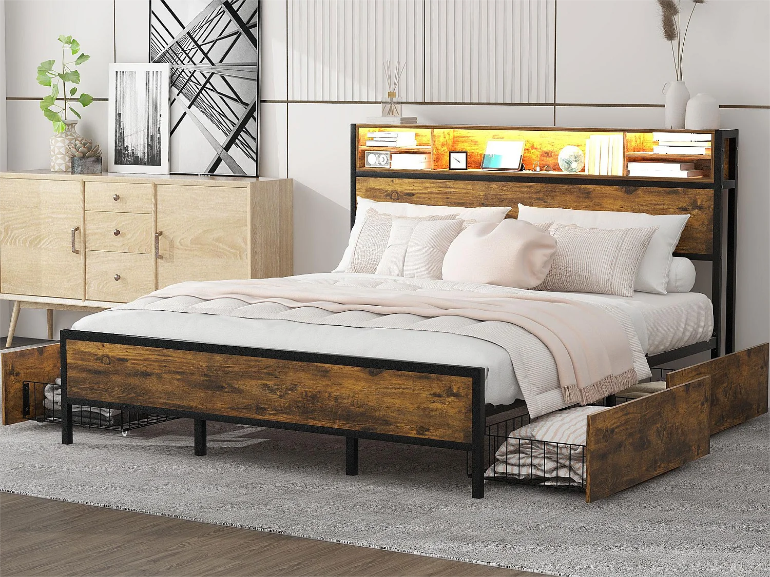 Tweepersoonsbed met opbergruimte aan het hoofdeinde en 4 laden - 180 x 200 cm - LED's en USB-aansluiting - MDF hout en metaal - industriële stijl - bruin