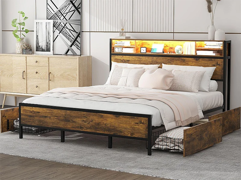 Doppelbett mit Stauraum am Kopfteil und 4 Schubladen – 180 x 200 cm – LEDs und USB-Buchse – MDF-Holz und Metall – Industriestil – Braun