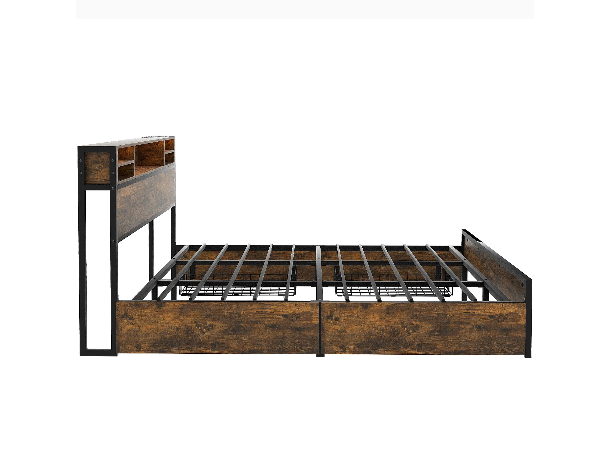 Lit Simple 90x200 Avec Rangement Hydraulique - Tête De Lit Compartiments Et Ports USB/Type-C - Gris/bois