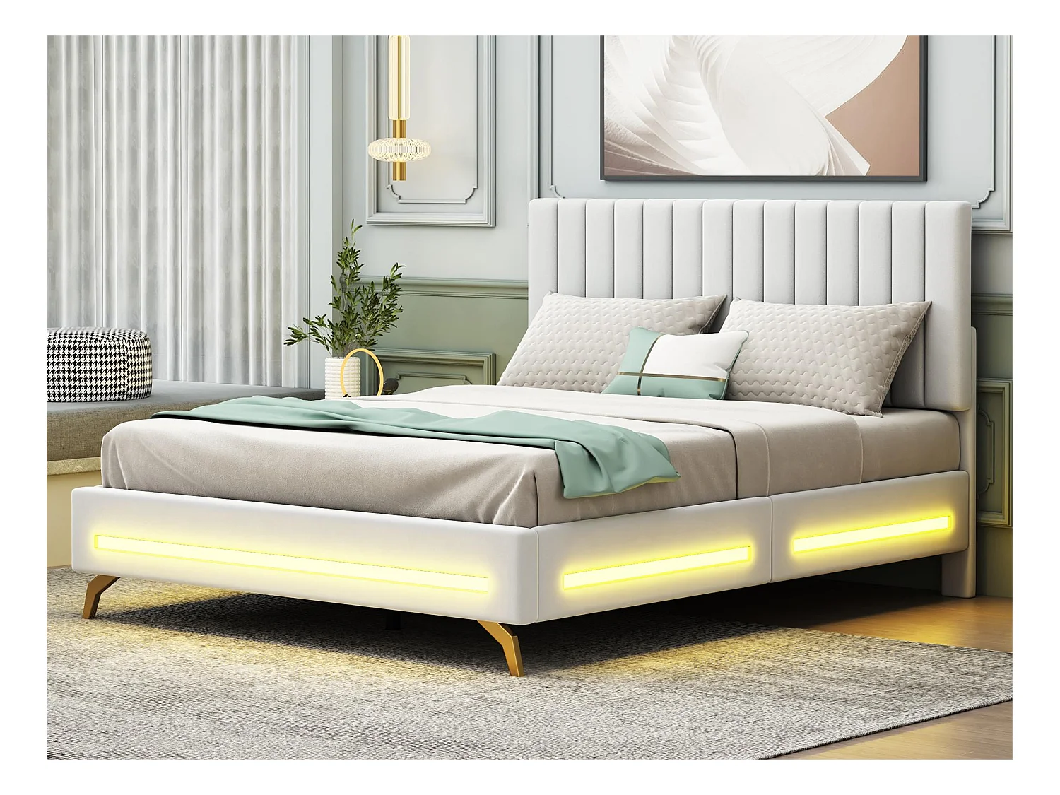 Lit capitonné 140 x 200 cm avec tête de lit réglable - velours - LEDs - blanc