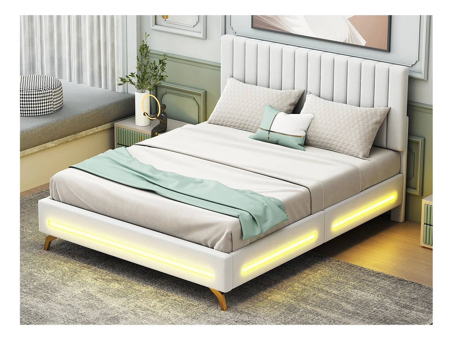 Gestoffeerd bed 140 x 200 cm met verstelbaar hoofdeinde - fluweel - LED's - wit
