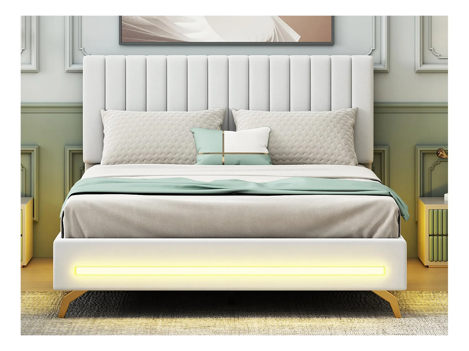 Gestoffeerd bed 140 x 200 cm met verstelbaar hoofdeinde - fluweel - LED's - wit