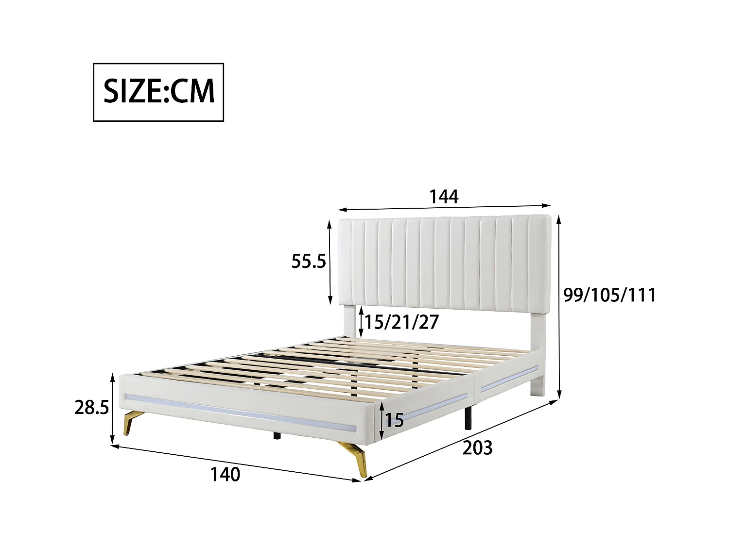 Gestoffeerd bed 140 x 200 cm met verstelbaar hoofdeinde - fluweel - LED's - wit