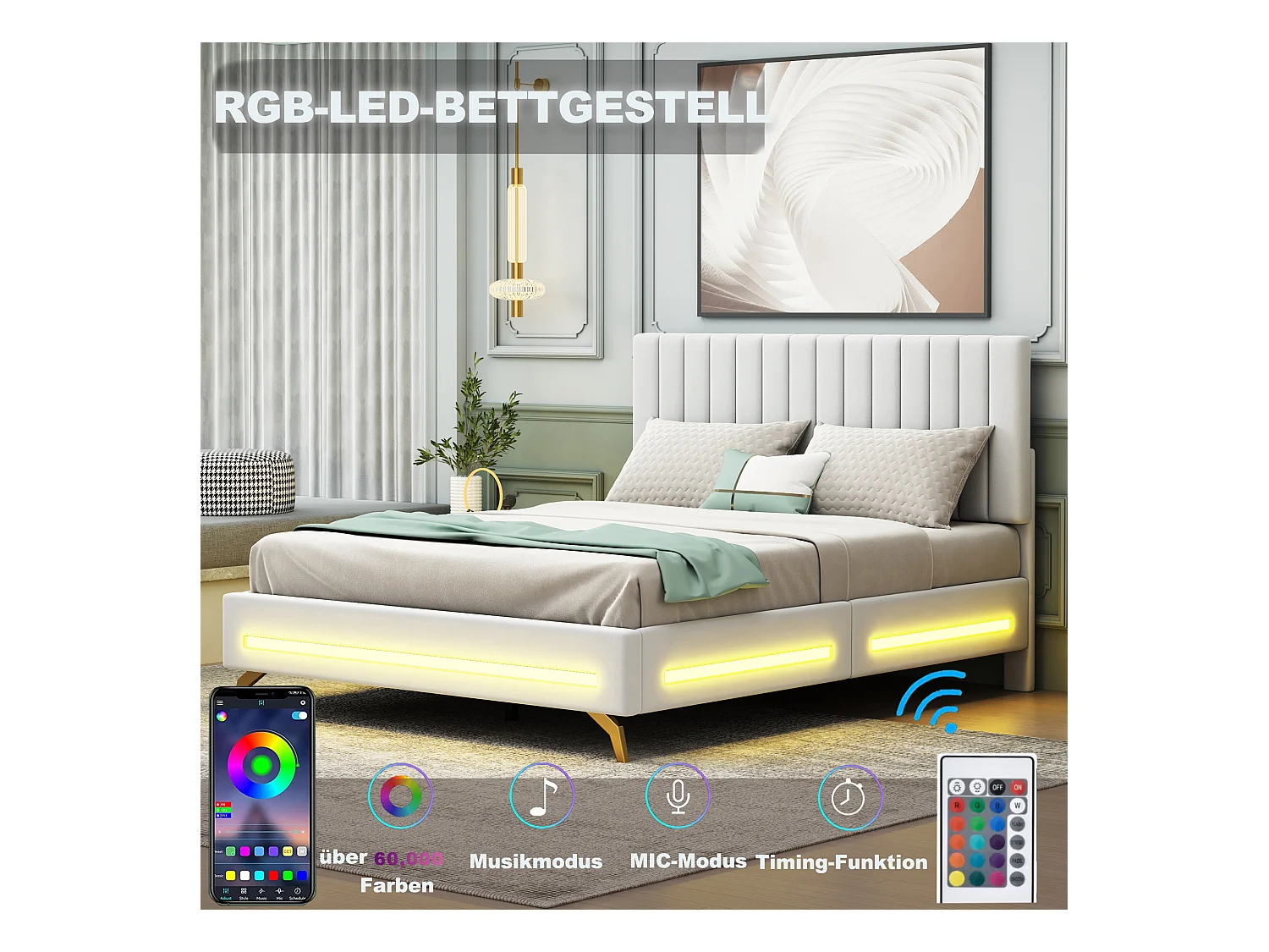 Gestoffeerd bed 140 x 200 cm met verstelbaar hoofdeinde - fluweel - LED's - wit