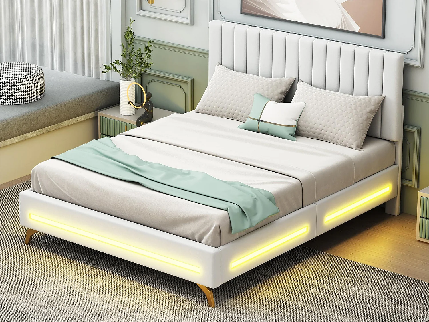 Lit capitonné 140 x 200 cm avec tête de lit réglable - velours - LEDs - blanc