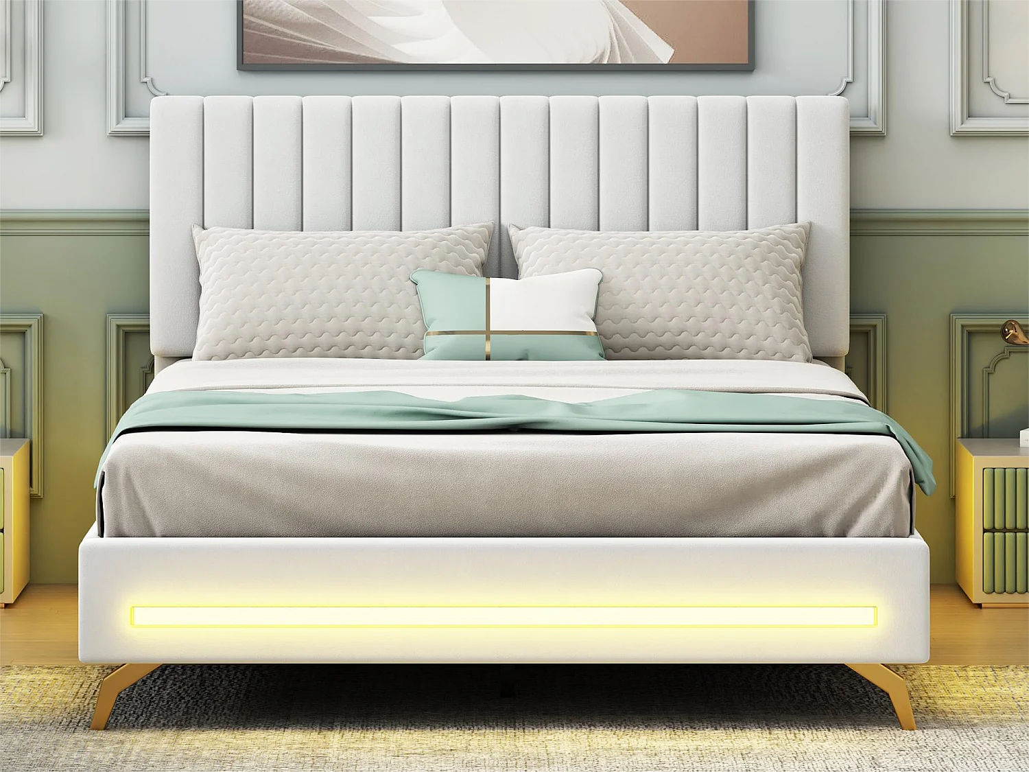 Lit capitonné 140 x 200 cm avec tête de lit réglable - velours - LEDs - blanc