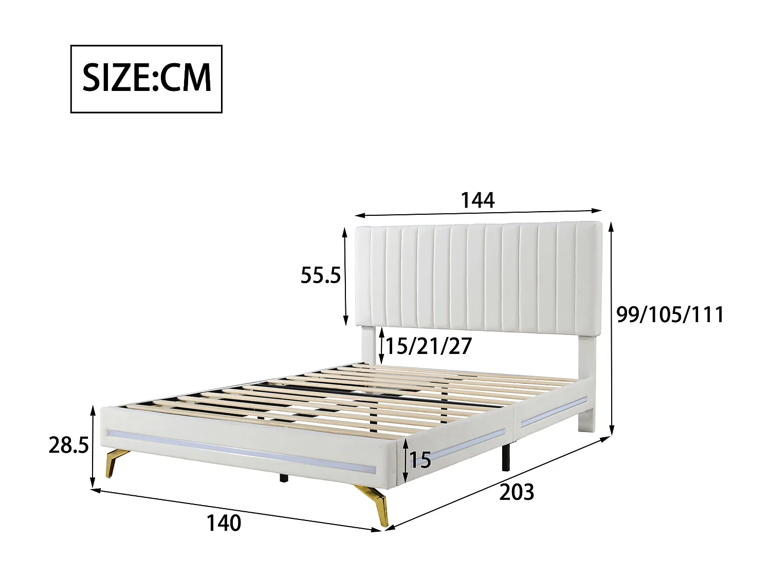 Lit capitonné 140 x 200 cm avec tête de lit réglable - velours - LEDs - blanc