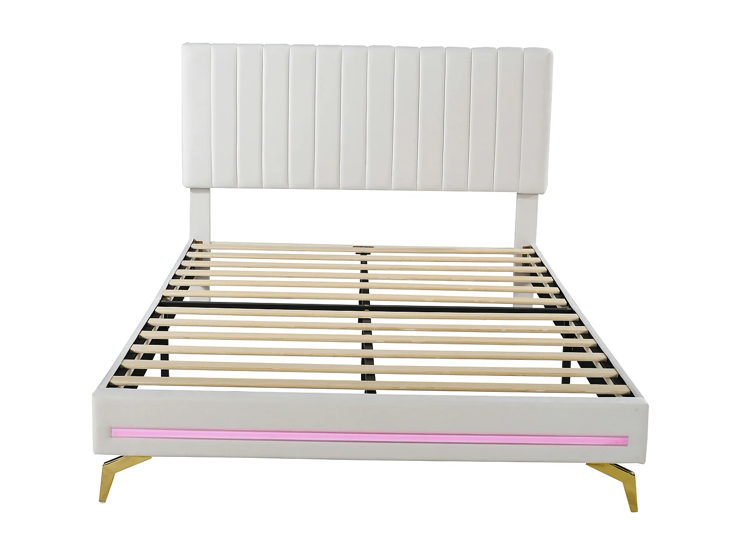 Lit capitonné 140 x 200 cm avec tête de lit réglable - velours - LEDs - blanc