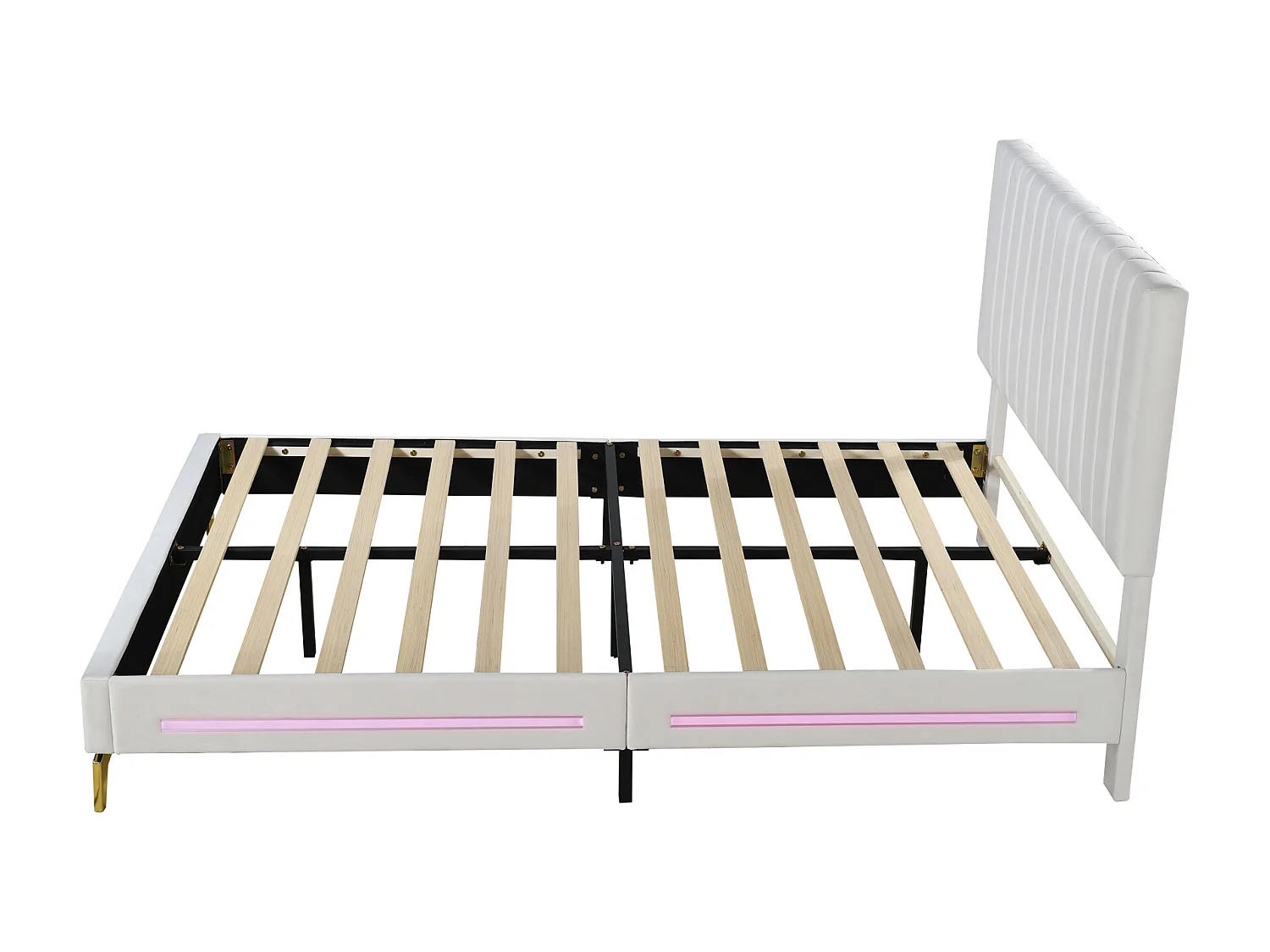 Lit capitonné 140 x 200 cm avec tête de lit réglable - velours - LEDs - blanc