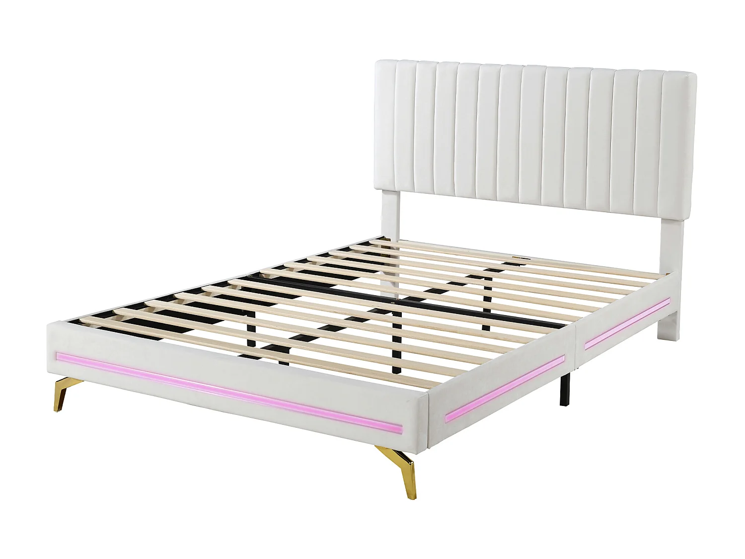 Lit capitonné 140 x 200 cm avec tête de lit réglable - velours - LEDs - blanc