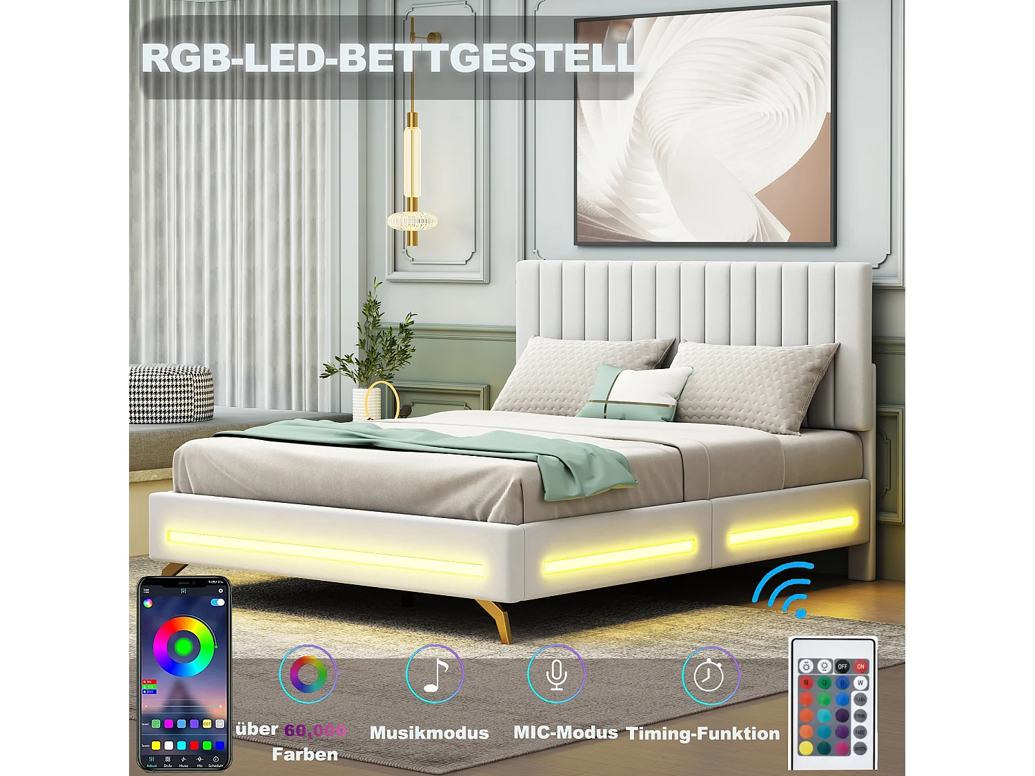 Lit capitonné 140 x 200 cm avec tête de lit réglable - velours - LEDs - blanc