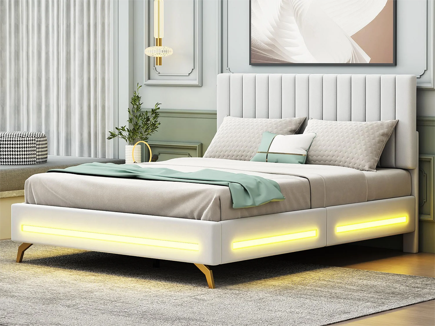 Gestoffeerd bed 140 x 200 cm met verstelbaar hoofdeinde - fluweel - LED's - wit