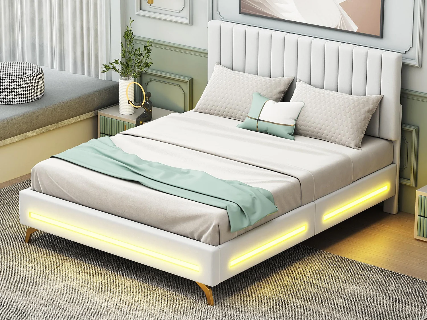 Gestoffeerd bed 140 x 200 cm met verstelbaar hoofdeinde - fluweel - LED's - wit