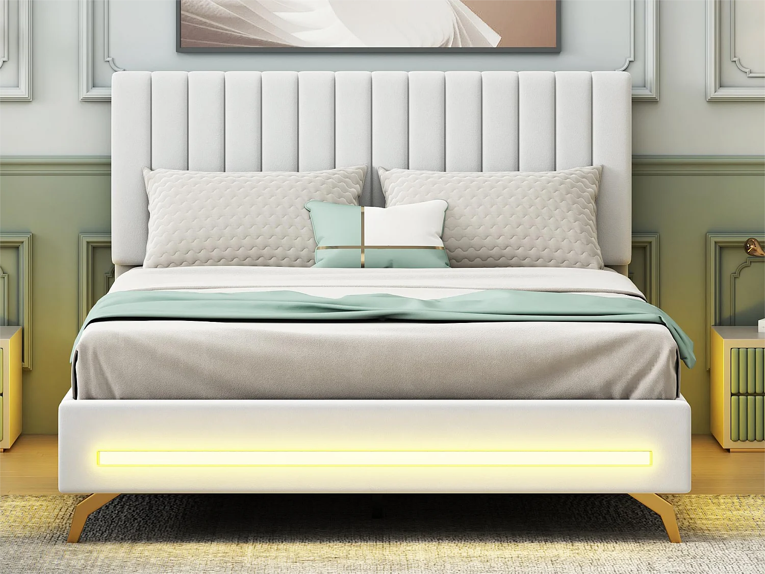 Gestoffeerd bed 140 x 200 cm met verstelbaar hoofdeinde - fluweel - LED's - wit