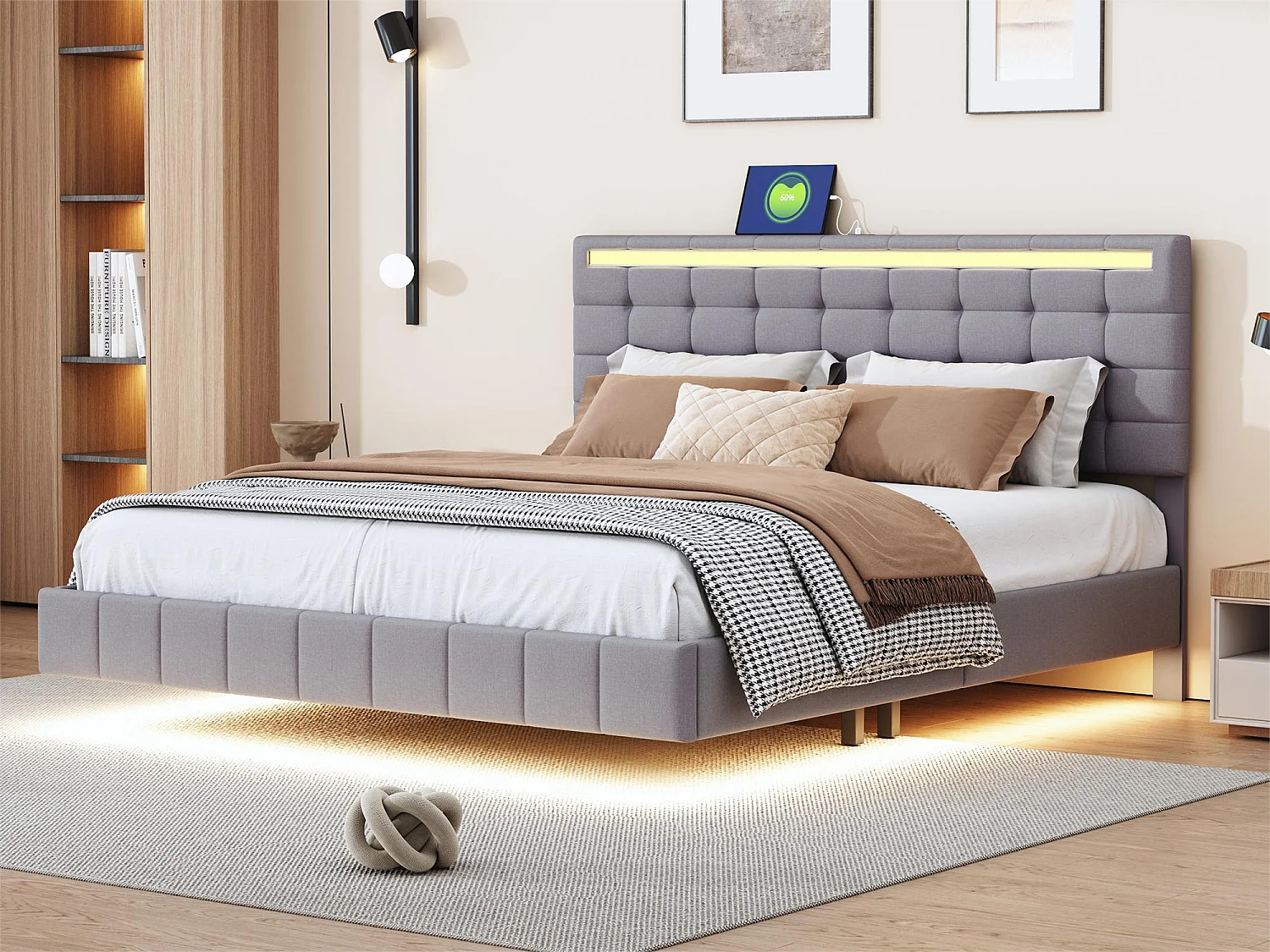 Cama estofada com cabeceira - 160 x 200 cm - estrado flutuante - LEDs - tecido de linho - cinza