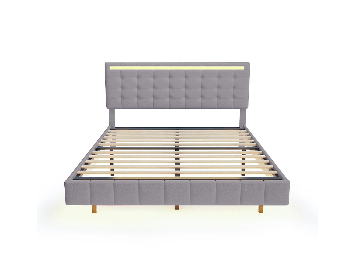 Cama estofada com cabeceira - 160 x 200 cm - estrado flutuante - LEDs - tecido de linho - cinza