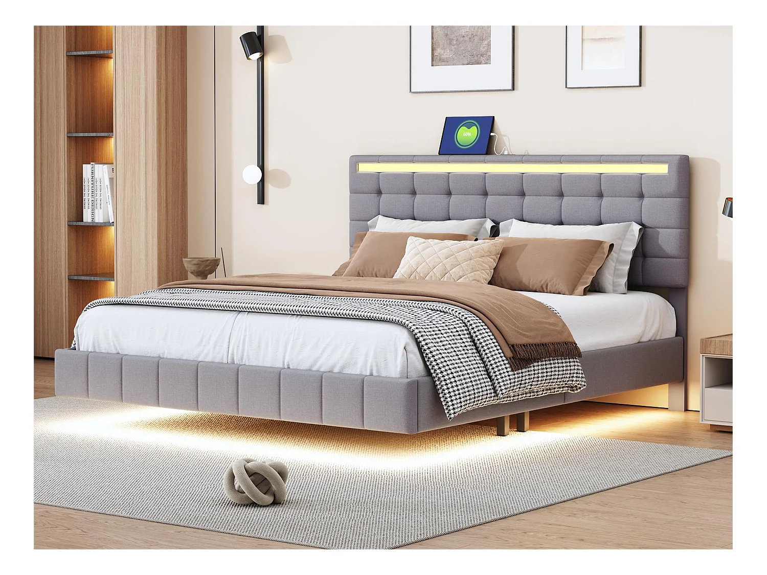 Lit capitonné avec tête de lit - 160 x 200 cm - cadre de lit flottant - LEDs - tissu lin - gris