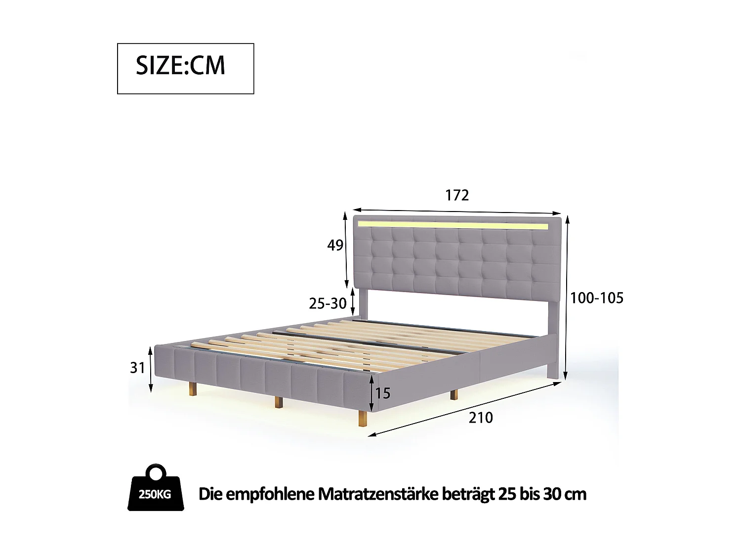 Gestoffeerd bed met hoofdeinde - 160 x 200 cm - zwevend bedframe - LED's - linnenstof - grijs