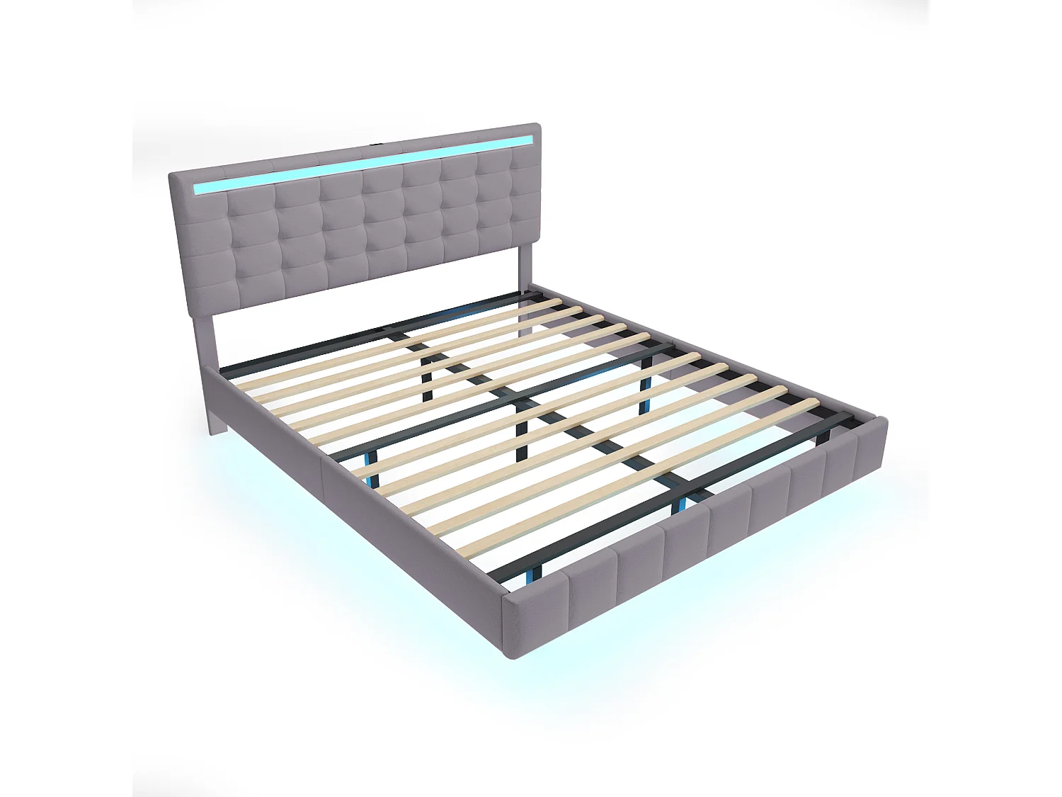 Gestoffeerd bed met hoofdeinde - 160 x 200 cm - zwevend bedframe - LED's - linnenstof - grijs