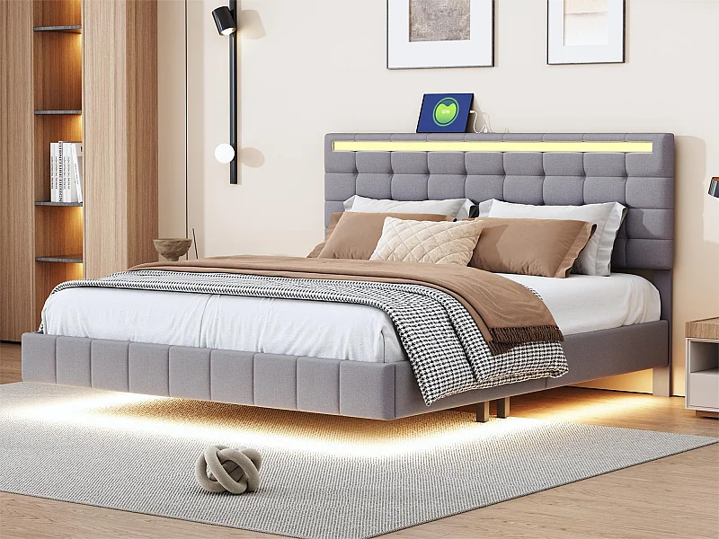 Cama estofada com cabeceira - 160 x 200 cm - estrado flutuante - LEDs - tecido de linho - cinza